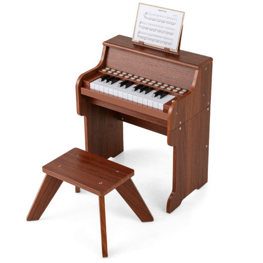 Costway 25 Keys Kids Piano Keyboard with Stool Mini Digital Piano Wooden Toy with Adjustable Speed and Volume-Brown W2B