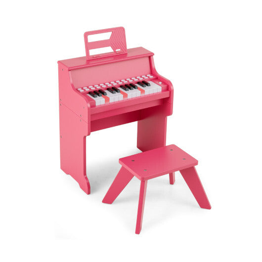 Costway 25 Keys Kids Piano Keyboard with Stool Mini Digital Piano Wooden Toy with Adjustable Speed and Volume-Pink W2B