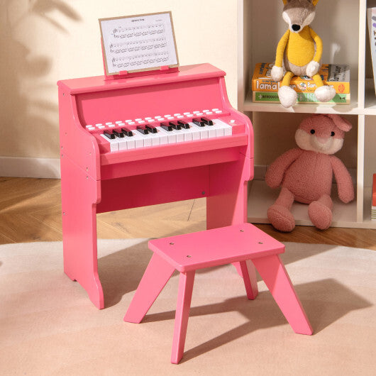 Costway 25 Keys Kids Piano Keyboard with Stool Mini Digital Piano Wooden Toy with Adjustable Speed and Volume-Pink W2B