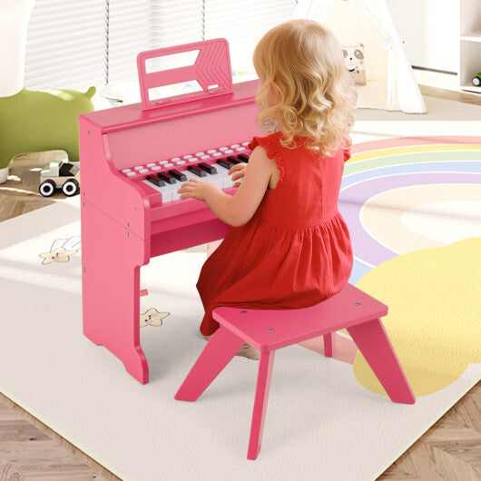 Costway 25 Keys Kids Piano Keyboard with Stool Mini Digital Piano Wooden Toy with Adjustable Speed and Volume-Pink W2B