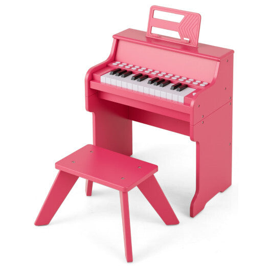 Costway 25 Keys Kids Piano Keyboard with Stool Mini Digital Piano Wooden Toy with Adjustable Speed and Volume-Pink W2B