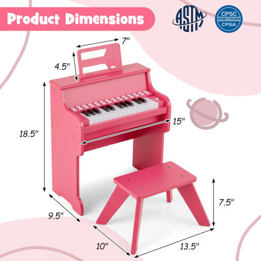 Costway 25 Keys Kids Piano Keyboard with Stool Mini Digital Piano Wooden Toy with Adjustable Speed and Volume-Pink W2B
