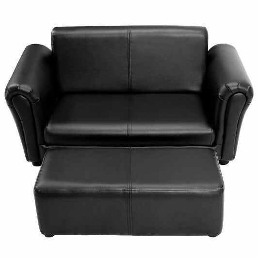 Costway Black/White Kids Double Sofa with Ottoman-Black W2B