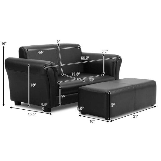 Costway Black/White Kids Double Sofa with Ottoman-Black W2B