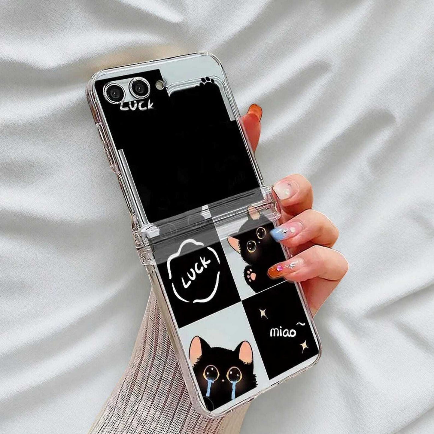 Cute Cat Clear Case for Samsung Galaxy Z Flip 6/5/4/3 - Transparent Hard Folding Cover with Stylish Design and Strong Protection W2B