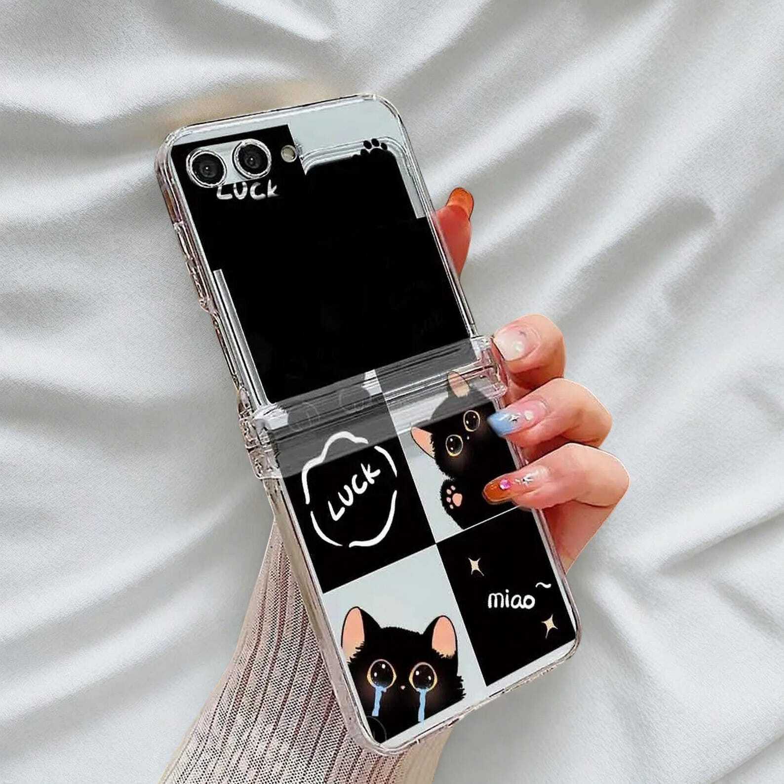 Cute Cat Clear Case for Samsung Galaxy Z Flip 6/5/4/3 - Transparent Hard Folding Cover with Stylish Design and Strong Protection W2B