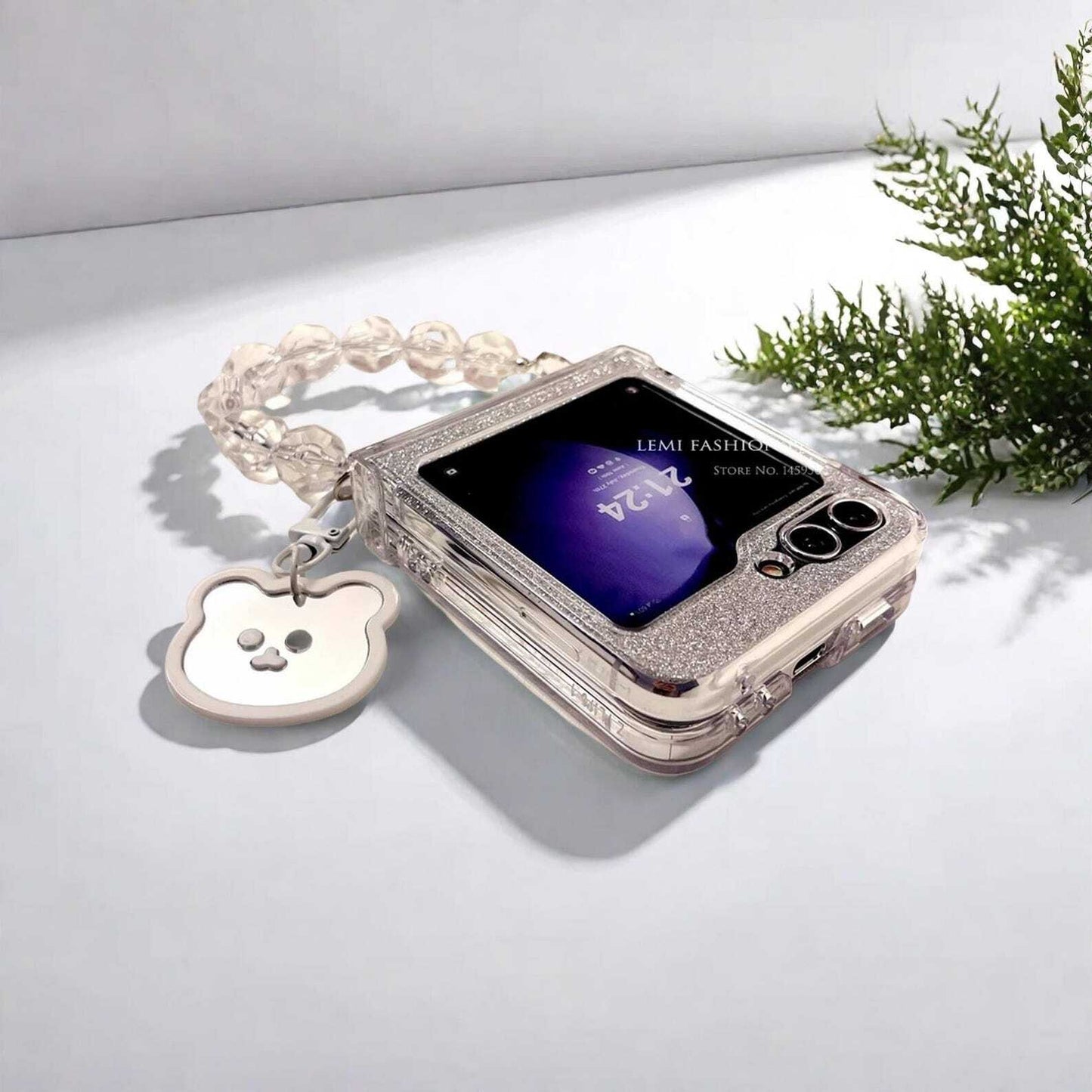 Glitter Bracelet Chain Hinge Case for Samsung Galaxy Z Flip 3 4 5 6 - Stylish Clear Protective Cover with Secure Grip for Zflip5 Phones W2B