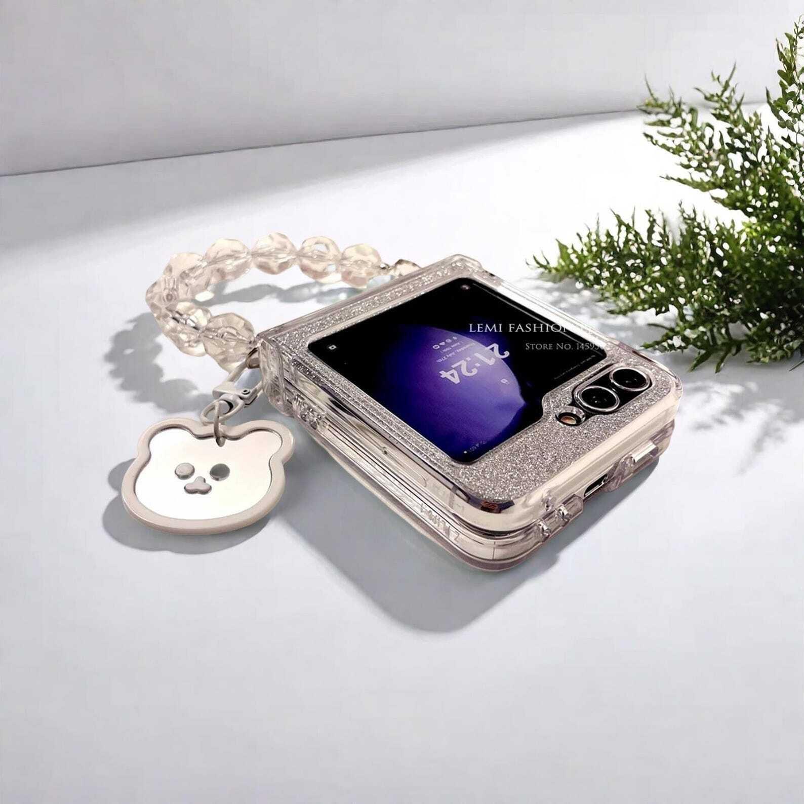Glitter Bracelet Chain Hinge Case for Samsung Galaxy Z Flip 3 4 5 6 - Stylish Clear Protective Cover with Secure Grip for Zflip5 Phones W2B