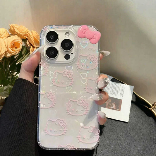 Cute Kitty Bow Kawaii Holder Case for iPhone 16 15 14 13 12 11 Pro Max Plus - Cute Bow Laser Protective Cover with Handy Grip Holder W2B