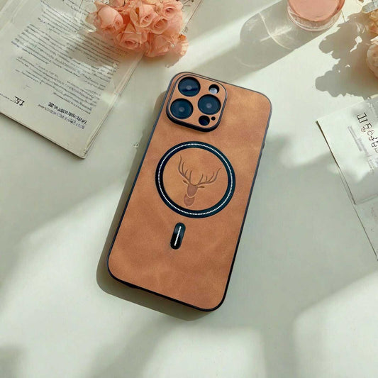Luxury PU Leather Deer Case for iPhone 16-11 Series | MagSafe Compatible | Stylish Wireless Charging Cover for Pro, Max, Plus Models W2B