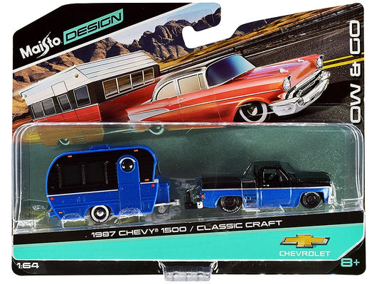 1987 Chevrolet 1500 Pickup Truck with Bed Cover and Classic Craft Travel Trailer Black and Blue Metallic "Tow & Go" Series 1/64 Diecast Models by Maisto