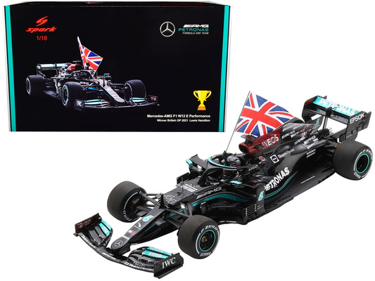 Mercedes-AMG F1 W12 E Performance #44 Lewis Hamilton "Petronas" Winner Formula One F1 British GP (2021) with Driver Figure Holding British Flag 1/18 Model Car by Spark