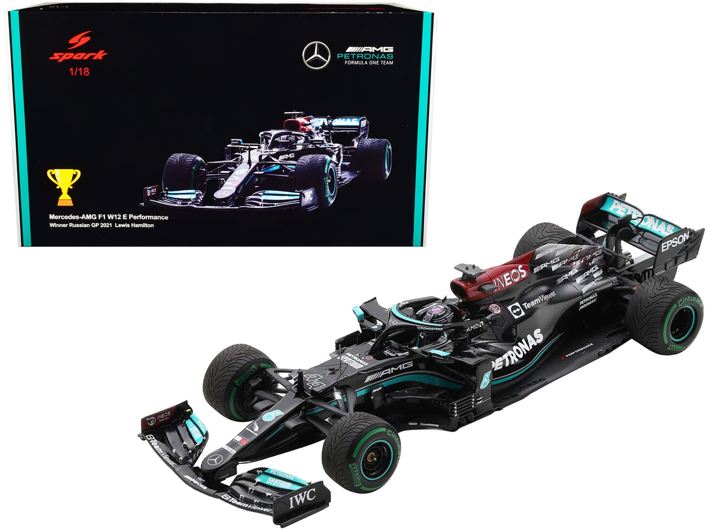 Mercedes-AMG F1 W12 E Performance #44 Lewis Hamilton "100th F1 Victory" Winner Formula One F1 Russian GP (2021) with Pit Board 1/18 Model Car by Spark