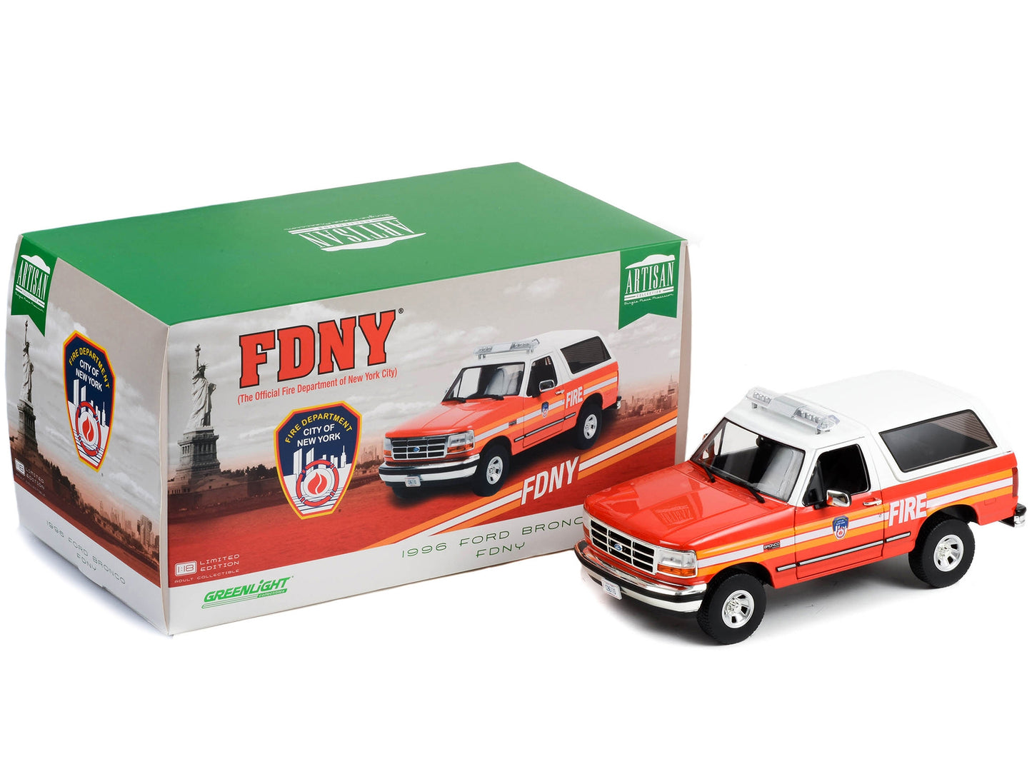 1996 Ford Bronco Police Red and White FDNY (The Official Fire Department the City of New York) "Artisan Collection" 1/18 Diecast Model Car by Greenlight