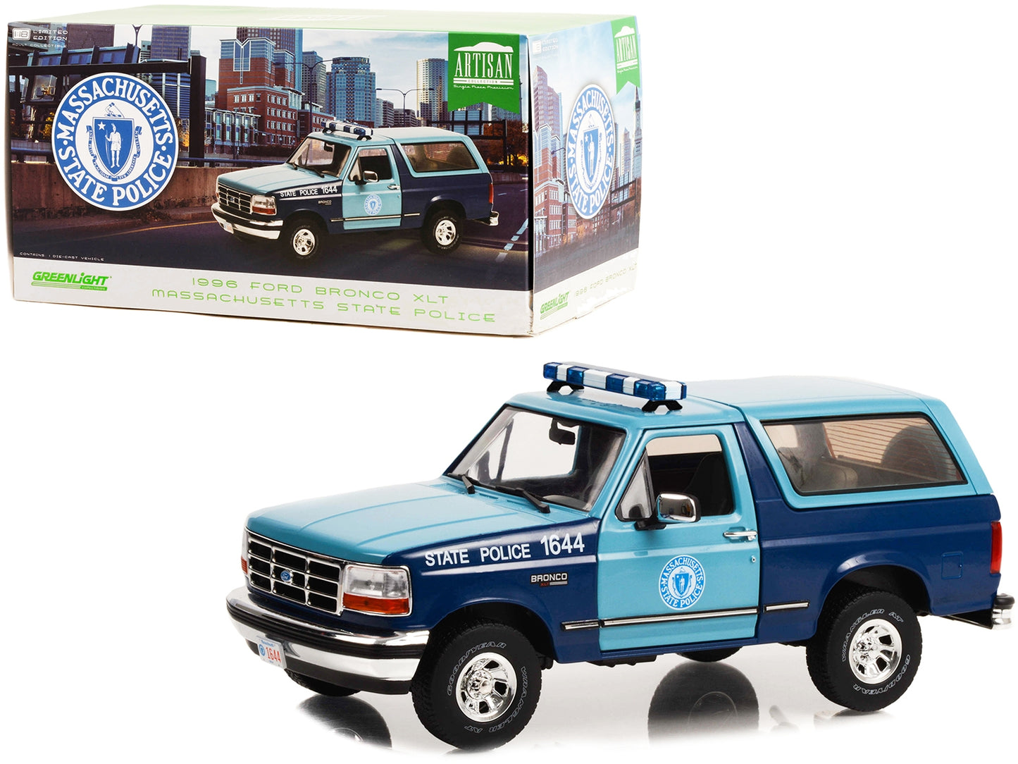 1996 Ford Bronco XLT Blue and Light Blue "Massachusetts State Police" "Artisan Collection" 1/18 Diecast Model Car by Greenlight
