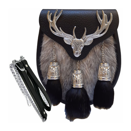 Scottish Kilt Semi Dress Sporran Grey Goat Skin Semi Stag Sporran Antique Unique Stag.450 (Grey Goat Skin Sporran)