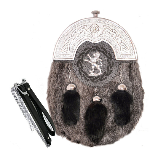 Scottish Kilt Sporran Grey Goat Skin Full Dress Sporran Celtic Chrome Cantel