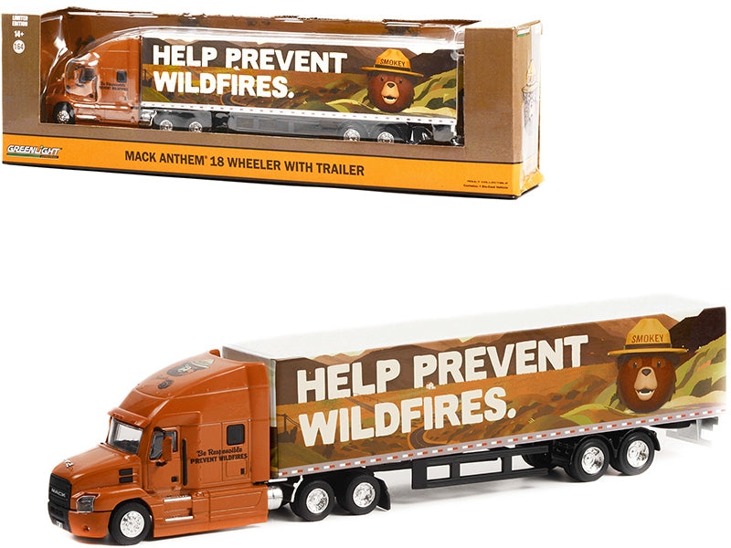Mack Anthem 18-Wheeler Tractor-Trailer Brown with Graphics Smokey Bear "Help Prevent Wildfires" "Hobby Exclusive" 1/64 Diecast Model by Greenlight