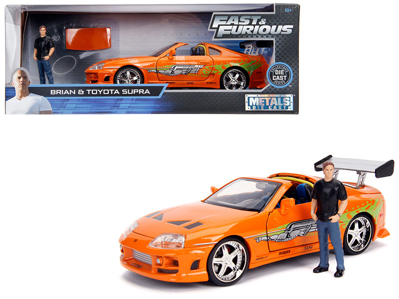 Toyota Supra Orange Metallic with Brian Diecast Figurine "Fast & Furious" Movie 1/24 Diecast Model Car by Jada