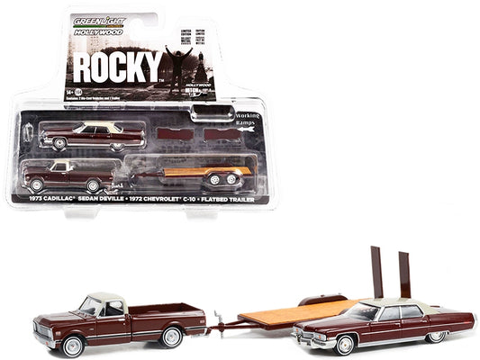 1972 Chevrolet C-10 Pickup Truck Brown with 1973 Cadillac Sedan DeVille Brown (Rocky's) and Flatbed Trailer "Rocky" (1976) Movie "Hollywood Hitch & Tow" Series 10 1/64 Diecast Model Cars