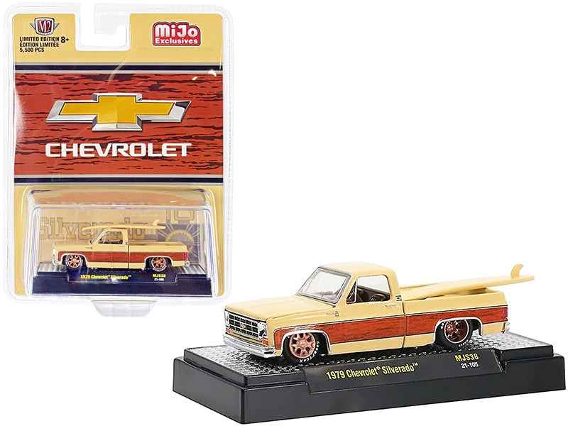 1979 Chevrolet Silverado Pickup Truck with Surfboard Tan with Wood Grain Limited Edition to 5500 pieces Worldwide 1/64 Diecast Model Car by M2 Machines