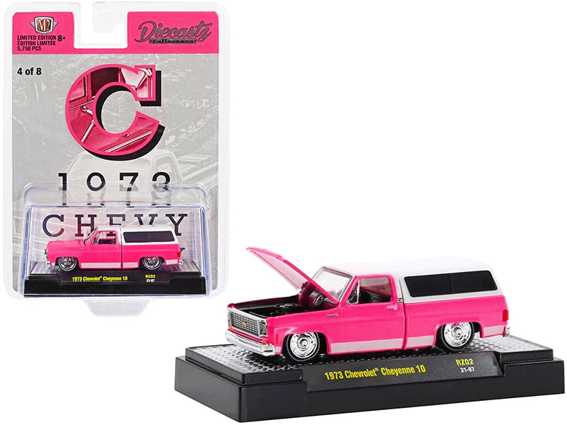 1973 Chevrolet Cheyenne 10 Pickup Truck with Camper Shell "C" Bright Pink with White Top and Stripes "Diecastz Collectors" "Riverside Show Exclusives" Limited Edition to 5750 pieces Wor