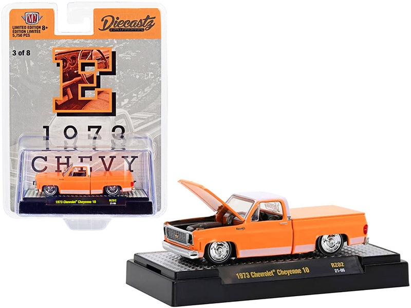 1973 Chevrolet Cheyenne 10 Pickup Truck with Bed Cover "E" Orange with White Top and Stripes "Diecastz Collectors" "Riverside Show Exclusives" Limited Edition to 5750 pieces Worldwide 1