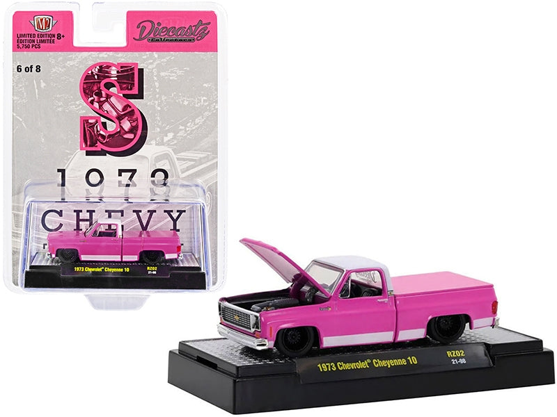 1973 Chevrolet Cheyenne 10 Pickup Truck with Bed Cover "S" Pink with White Top and Stripes "Diecastz Collectors" "Riverside Show Exclusives" Limited Edition to 5750 pieces Worldwide 1/6
