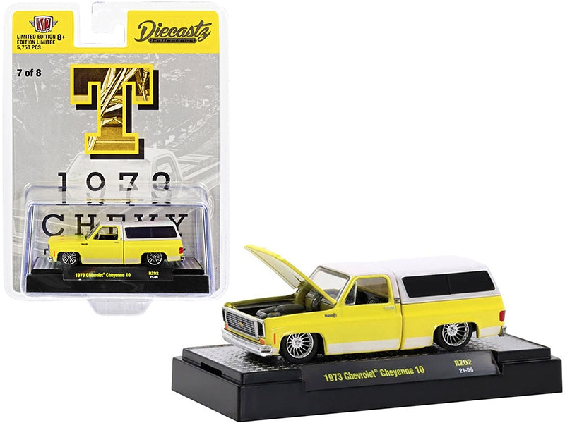 1973 Chevrolet Cheyenne 10 Pickup Truck with Camper Shell "T" Bright Yellow with White Top and Stripes "Diecastz Collectors" "Riverside Show Exclusives" Limited Edition to 5750 pieces W