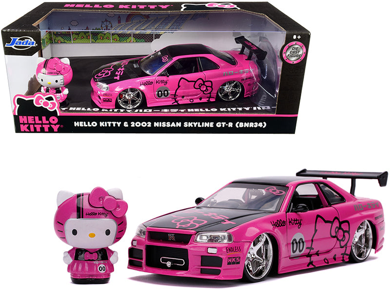 2002 Nissan Skyline GT-R (BNR34) RHD (Right Hand Drive) Pink Metallic and Black with Hello Kitty Diecast Figurine 1/24 Diecast Model Car by Jada