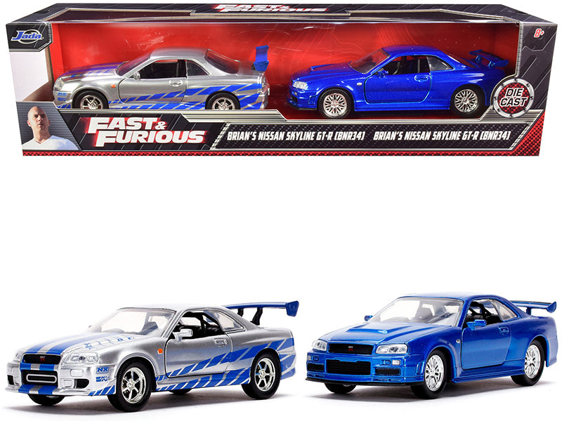 Brian's Nissan Skyline GT-R (BNR34) Silver with Blue Stripes and Nissan GT-R (BNR34) Blue Metallic Set of 2 pieces "Fast & Furious" Series 1/32 Diecast Model Cars by Jada