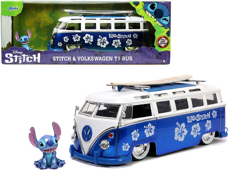 Volkswagen T1 Bus Candy Blue and White with Stitch Diecast Figurine and Surfboard "Lilo & Stitch" Disney "Hollywood Rides" Series 1/24 Diecast Model Car by Jada
