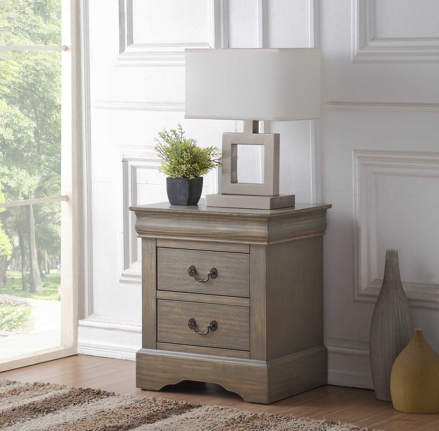 Classic Gray Wash Finish 2 Drawer Wooden Nightstand