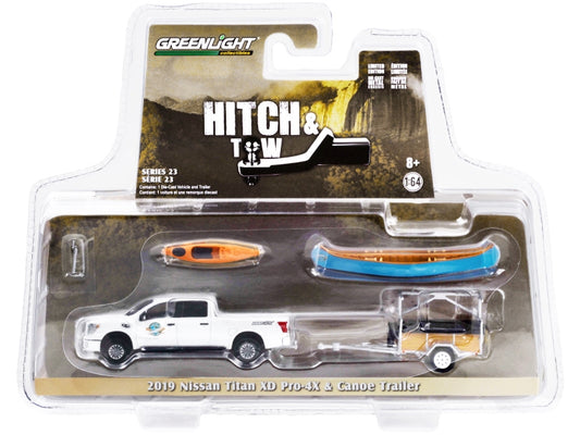 2019 Nissan Titan XD Pro-4X Pickup Truck White Metallic "Whitewater Canoe Rental" and Canoe Trailer with Canoe Rack with Canoe and Kayak "Hitch & Tow" Series 23 1/64 Diecast Model Car by
