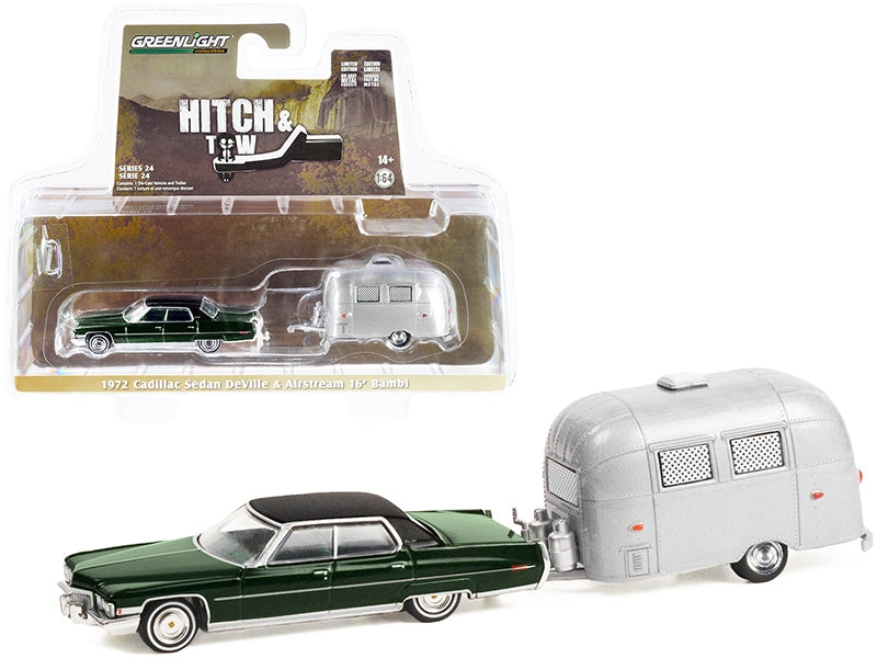 1972 Cadillac Sedan DeVille Brewster Green Metallic with Black Top and Airstream 16' Bambi Travel Trailer "Hitch & Tow" Series 24 1/64 Diecast Model Car by Greenlight