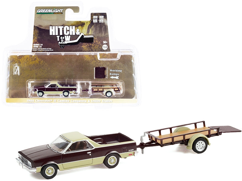 1984 Chevrolet El Camino Conquista Maroon Metallic and Beige with Utility Trailer "Hitch & Tow" Series 24 1/64 Diecast Model Car by Greenlight