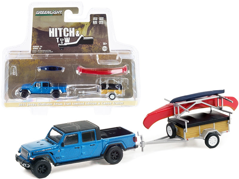 2021 Jeep Gladiator Texas Trail Limited Edition Pickup Truck Hydro Blue Pearl with Black Top with Canoe Trailer and Canoe Rack with Canoe and Kayak "Hitch & Tow" Series 24 1/64 Diecast Mode