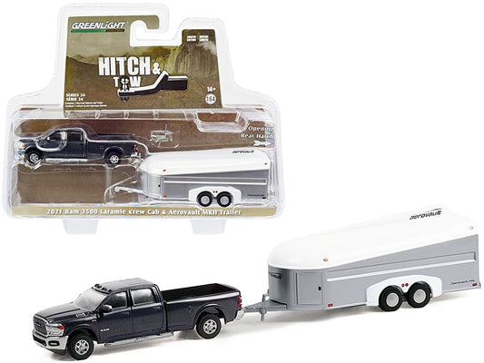 2021 Ram 3500 Laramie Crew Cab Pickup Truck Maximum Steel Blue Metallic with Aerovault MKII Travel Trailer "Hitch & Tow" Series 24 1/64 Diecast Model Car by Greenlight