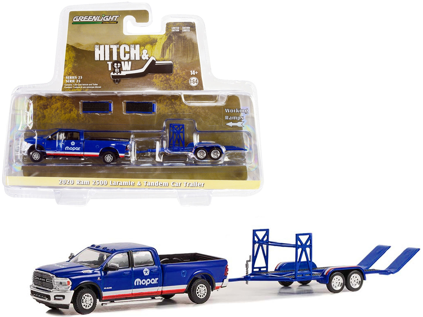 2020 Ram 2500 Laramie Pickup Truck Blue with Red and White Stripes "Mopar" and Tandem Car Trailer "Hitch & Tow" Series 25 1/64 Diecast Model Car by Greenlight