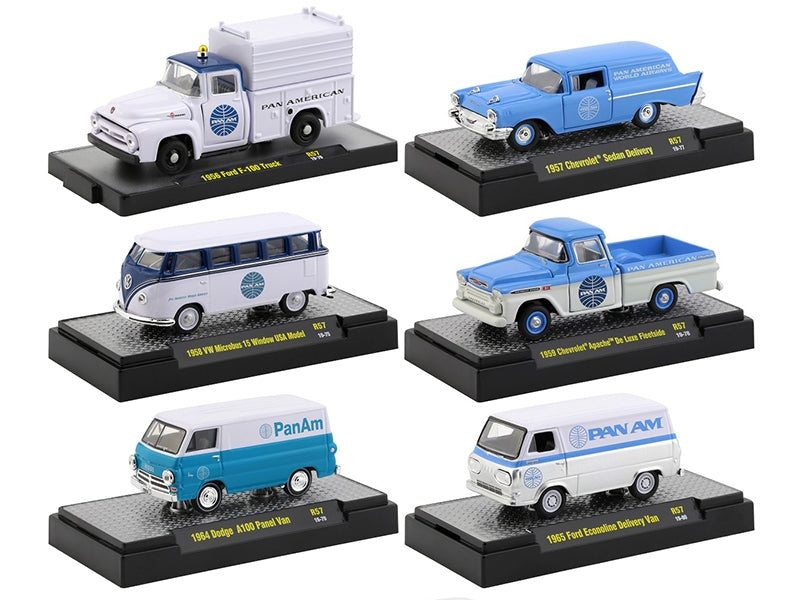 "Auto Trucks" Set of 6 pieces Release 57 "Pan American World Airways" (Pan Am) IN DISPLAY CASES 1/64 Diecast Model Cars by M2 Machines