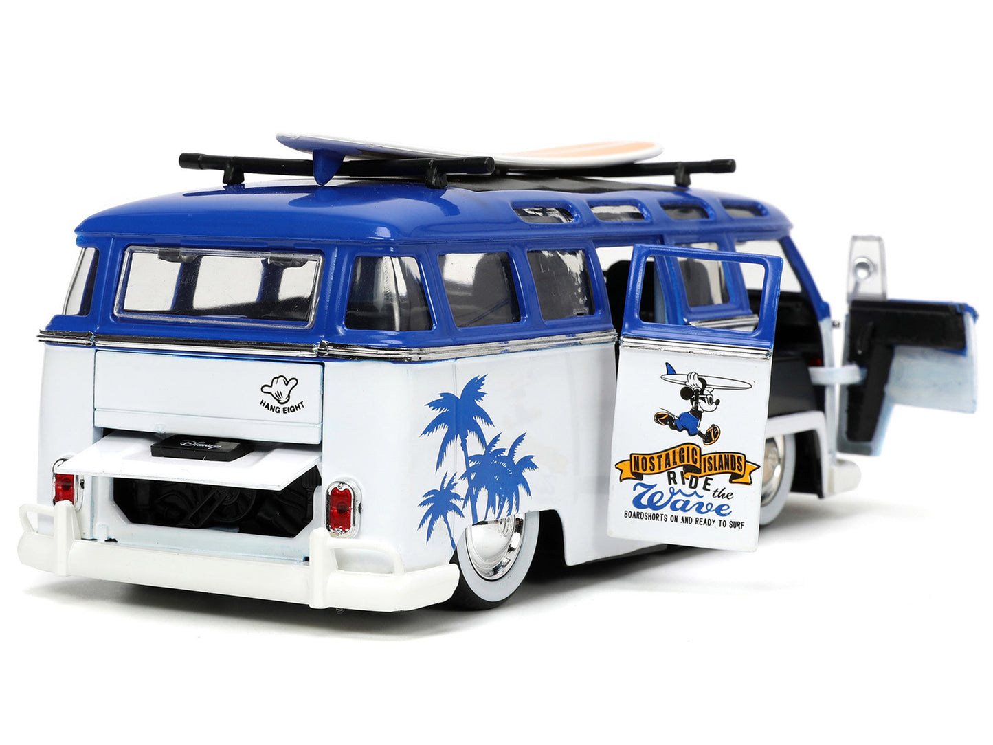 Volkswagen T1 Bus Blue and White with Graphics "Nostalgic Islands Ride the Wave" and Mickey Mouse Diecast Figure and Surfboard "Disney's Mickey and Friends" "Hollywood Rides" Series 1/24 Diecast Model Car by Jada