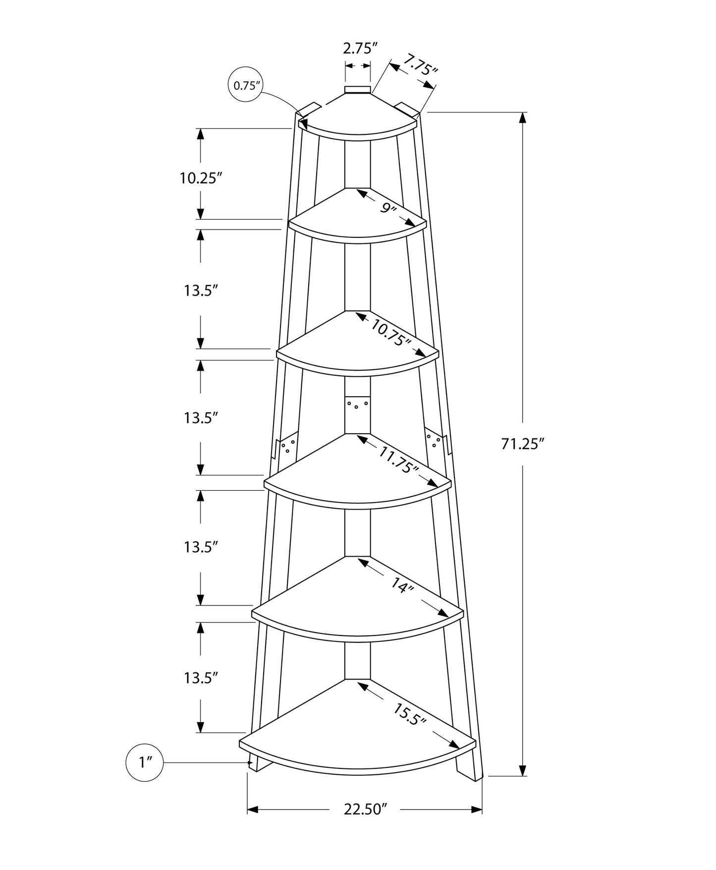 71" Taupe Five Tier Corner Bookcase