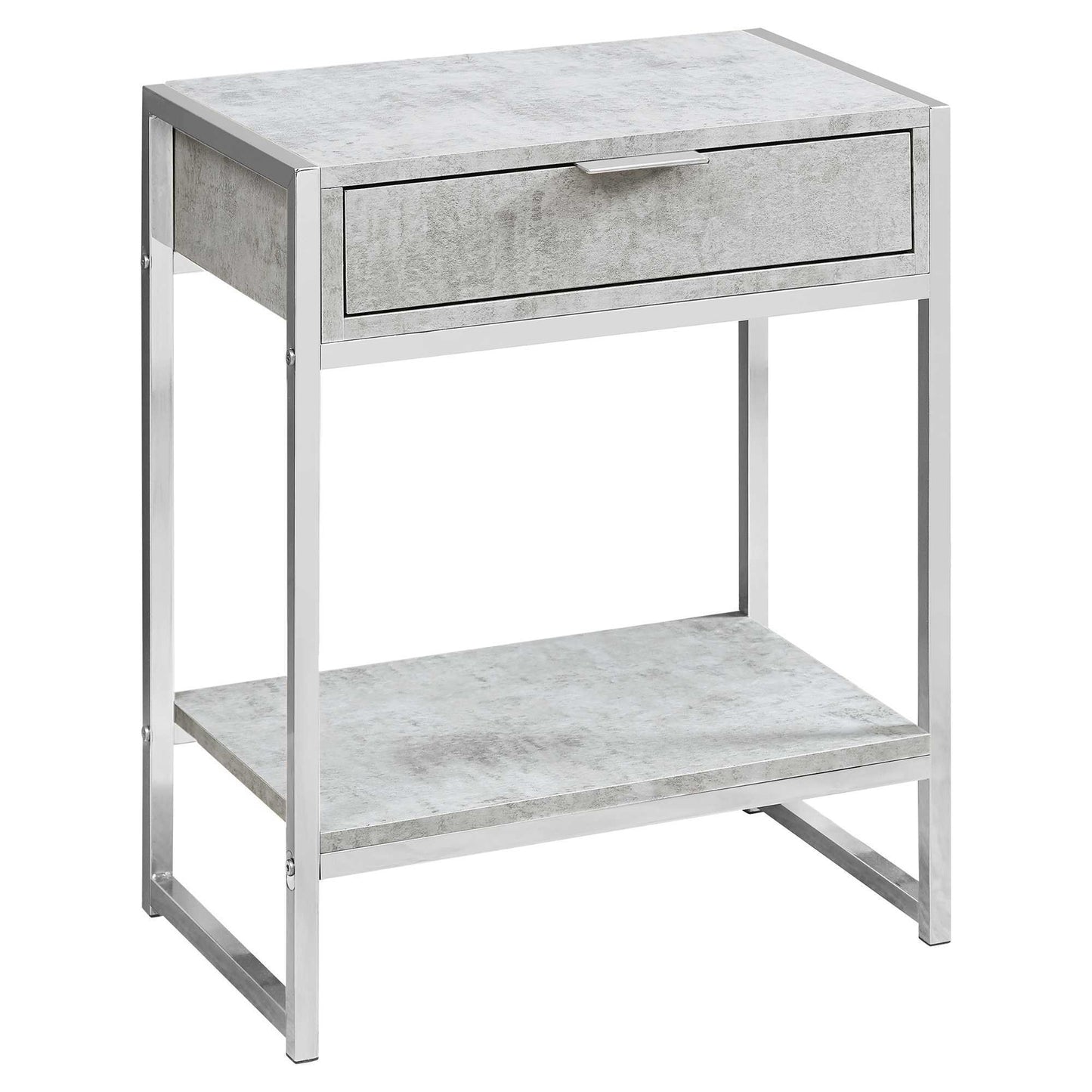 24" Silver And Gray Wood And Metal End Table With Drawer And Shelf