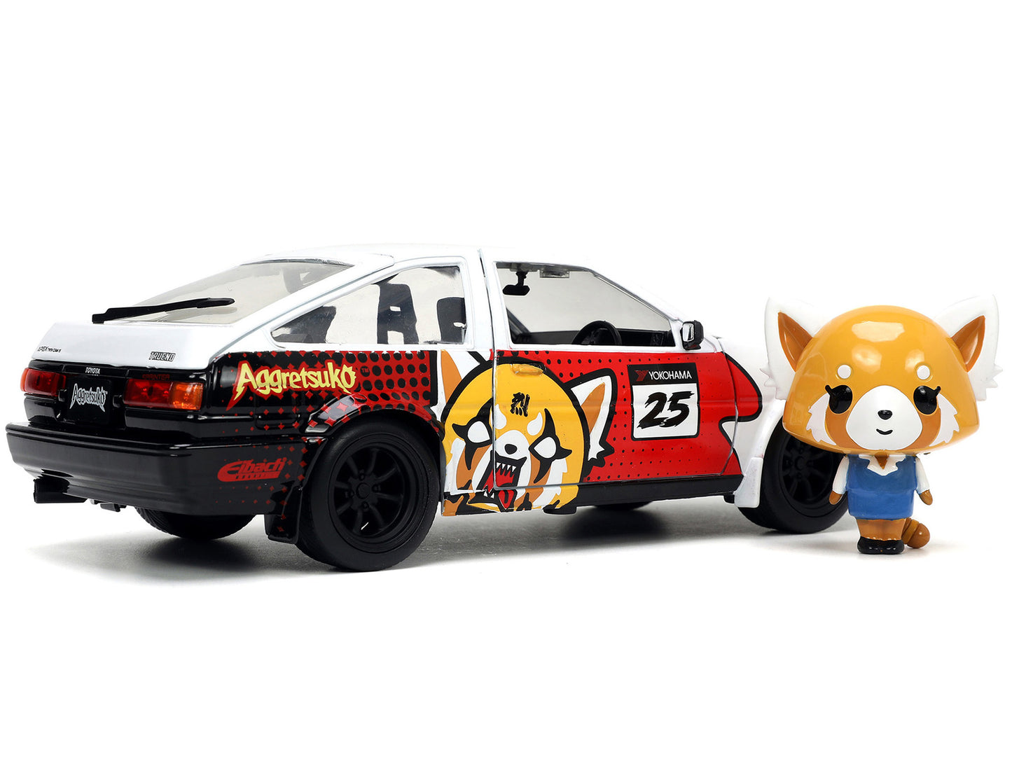 1986 Toyota Trueno (AE86) RHD (Right Hand Drive) #25 White with Graphics and Aggretsuko Diecast Figure "Aggretsuko" "Anime Hollywood Rides" Series 1/24 Diecast Model Car by Jada