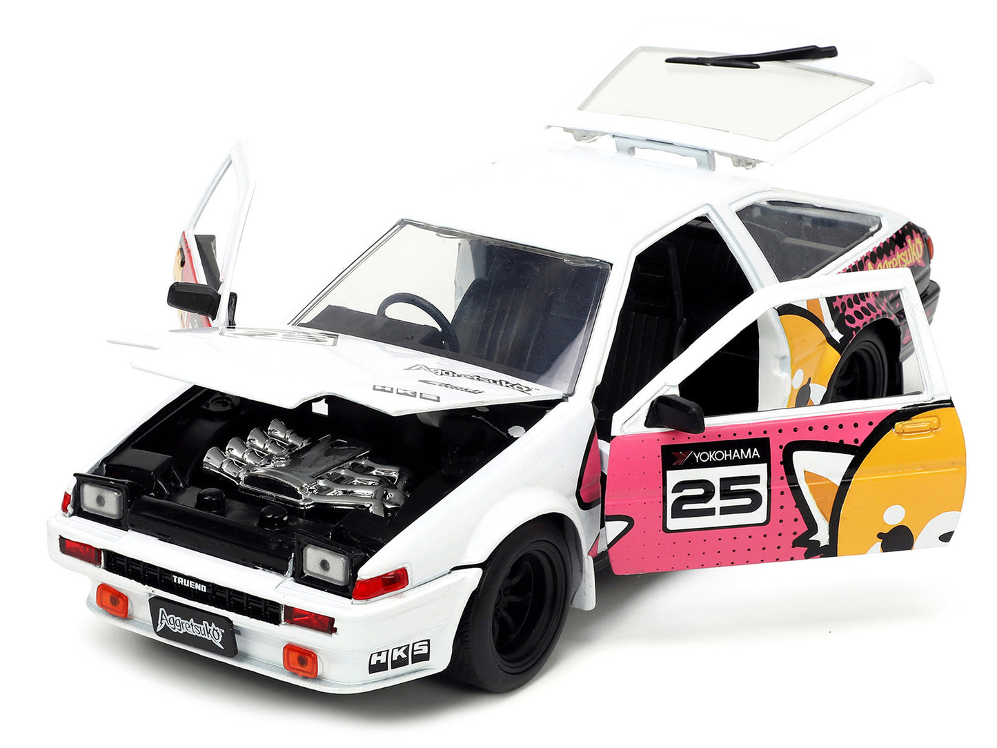 1986 Toyota Trueno (AE86) RHD (Right Hand Drive) #25 White with Graphics and Aggretsuko Diecast Figure "Aggretsuko" "Anime Hollywood Rides" Series 1/24 Diecast Model Car by Jada