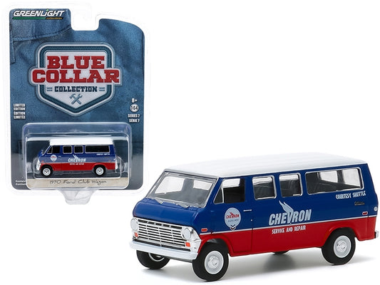 1970 Ford Club Wagon Van "Chevron Service & Repair Courtesy Shuttle" Blue and Red with White Top "Blue Collar Collection" Series 7 1/64 Diecast Model Car by Greenlight