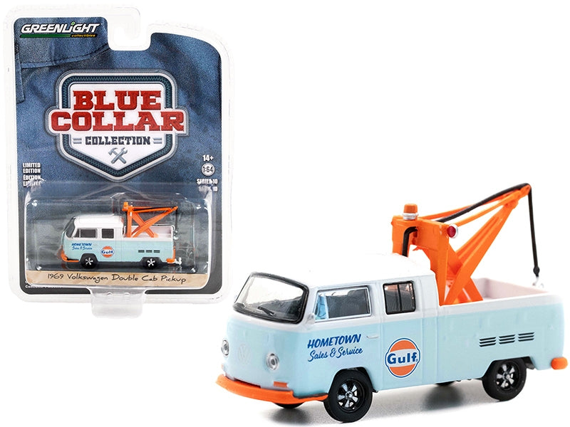 1969 Volkswagen Double Cab Pickup Tow Truck with Drop in Tow Hook Light Blue and White "Gulf Oil Sales & Service" "Blue Collar Collection" Series 10 1/64 Diecast Model Car by Greenlight
