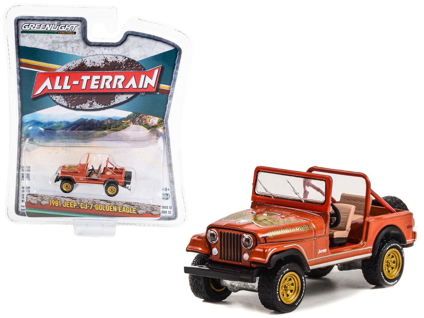 1981 Jeep CJ-7 Golden Eagle Russet Brown Metallic with Graphics "All Terrain" Series 13 1/64 Diecast Model Car by Greenlight