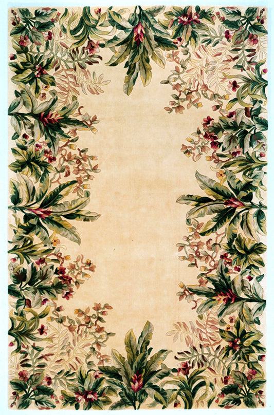 3' x 6' Ivory Tropical Leaves Bordered Wool Indoor Area Rug