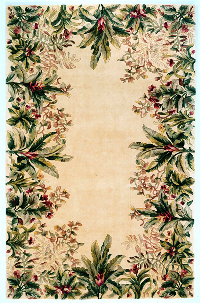 3' x 6' Ivory Tropical Leaves Bordered Wool Indoor Area Rug